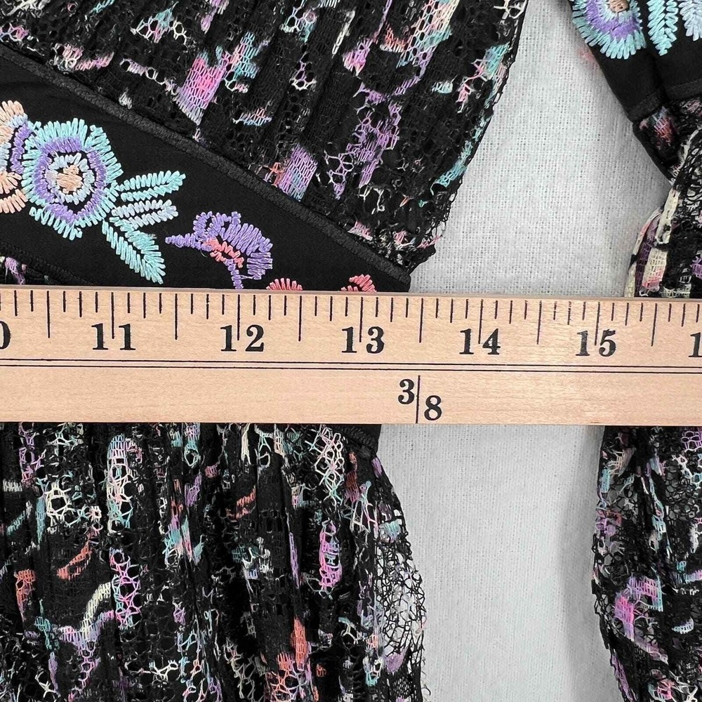 Free People Mini Dress Womens 2 Black Floral Lace Embroidered V-Neck Long Sleeve - Picture 15 of 16